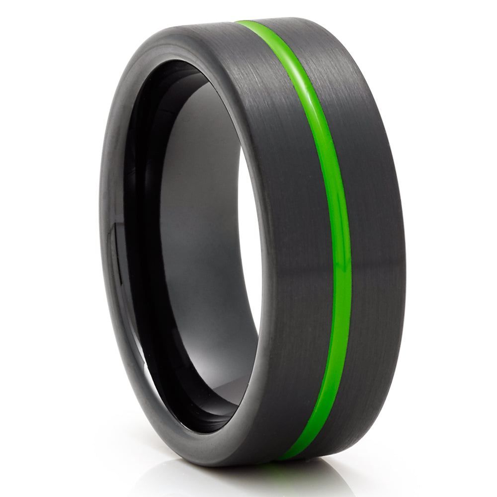Black Tungsten Ring - Black Wedding Ring - Green Wedding Band - Tungsten Ring