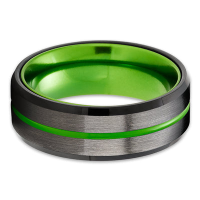 Gunmetal Tungsten Wedding Ring - Green Wedding Ring - Black Tungsten Ring - Green Ring