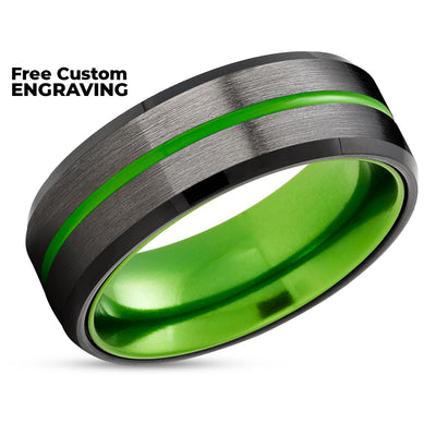 Gunmetal Tungsten Wedding Ring - Green Wedding Ring - Black Tungsten Ring - Green Ring