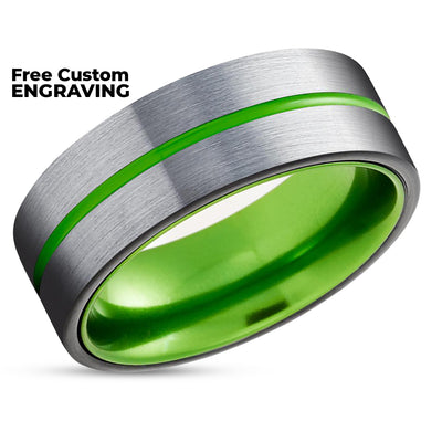 Green Tungsten Wedding Ring - Black Tungsten Ring - Silver Wedding Band - Ring