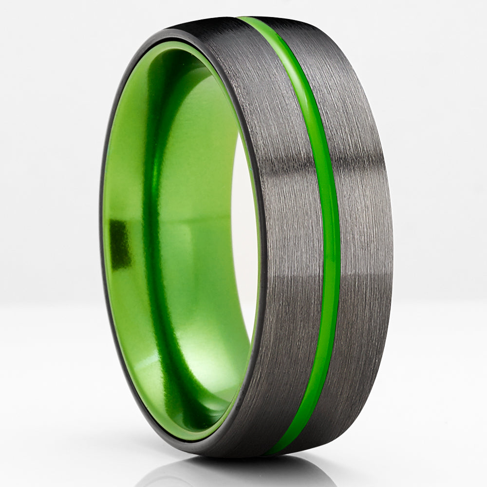 Green Wedding Ring - Black Tungsten Ring - Gunmetal Wedding Ring - Green Ring