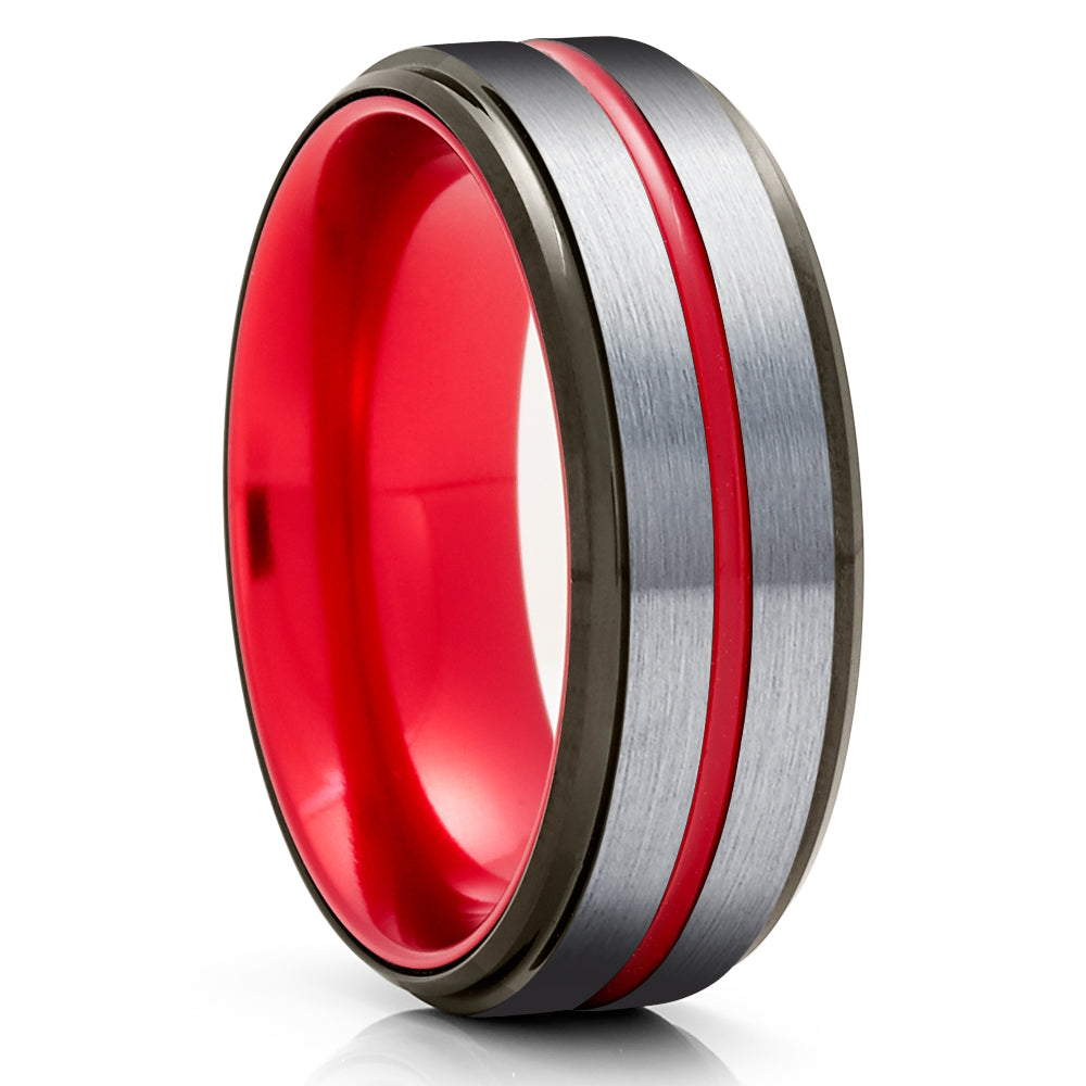 Red Tungsten Ring - Black Tungsten Ring - Red Wedding Band - Black Tungsten Ring