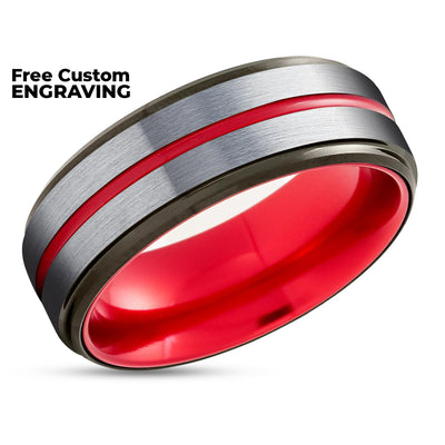 Red Tungsten Ring - Black Tungsten Ring - Red Wedding Band - Black Tungsten Ring