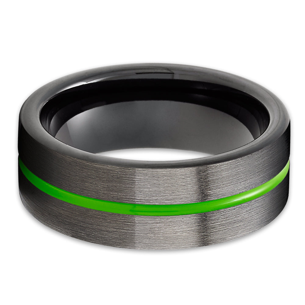 Green Tungsten Ring - Gunmetal Wedding Ring - Black Wedding Ring - Green Tungsten Ring