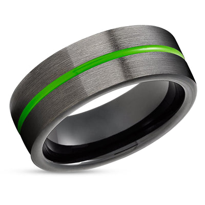 Green Tungsten Ring - Gunmetal Wedding Ring - Black Wedding Ring - Green Tungsten Ring