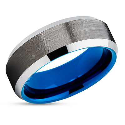 Men's Blue Tungsten Ring - 8mm - Blue Tungsten Ring - Gunmetal Tungsten Ring