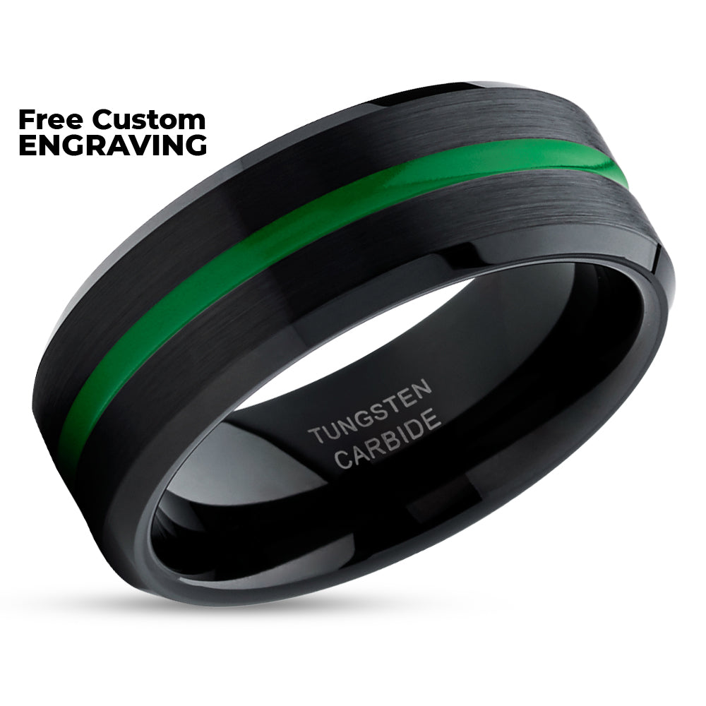 Green Tungsten Ring - Green Wedding Ring - Black Tungsten Ring - Engagement Ring