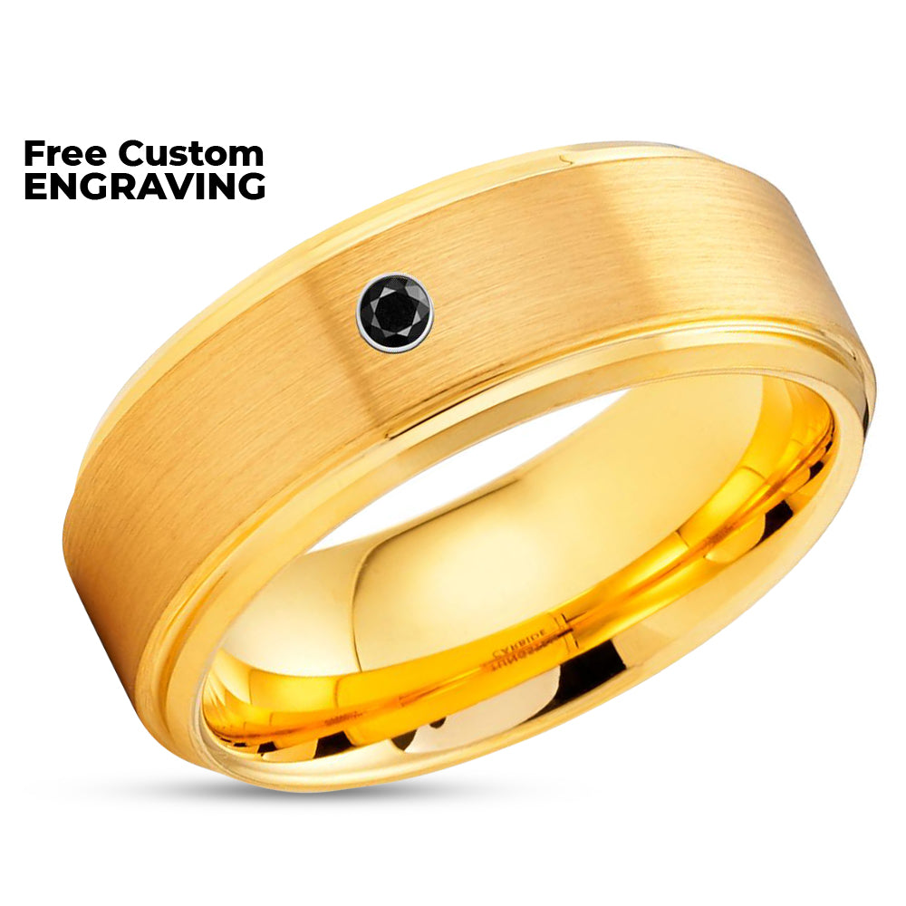 Black Diamond Tungsten Ring - Yellow Gold Tungsten - Tungsten Carbide - Brush