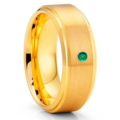 Emerald Tungsten Ring - 8mm - Yellow Gold Tungsten Ring - Brush Ring - Clean Casting Jewelry