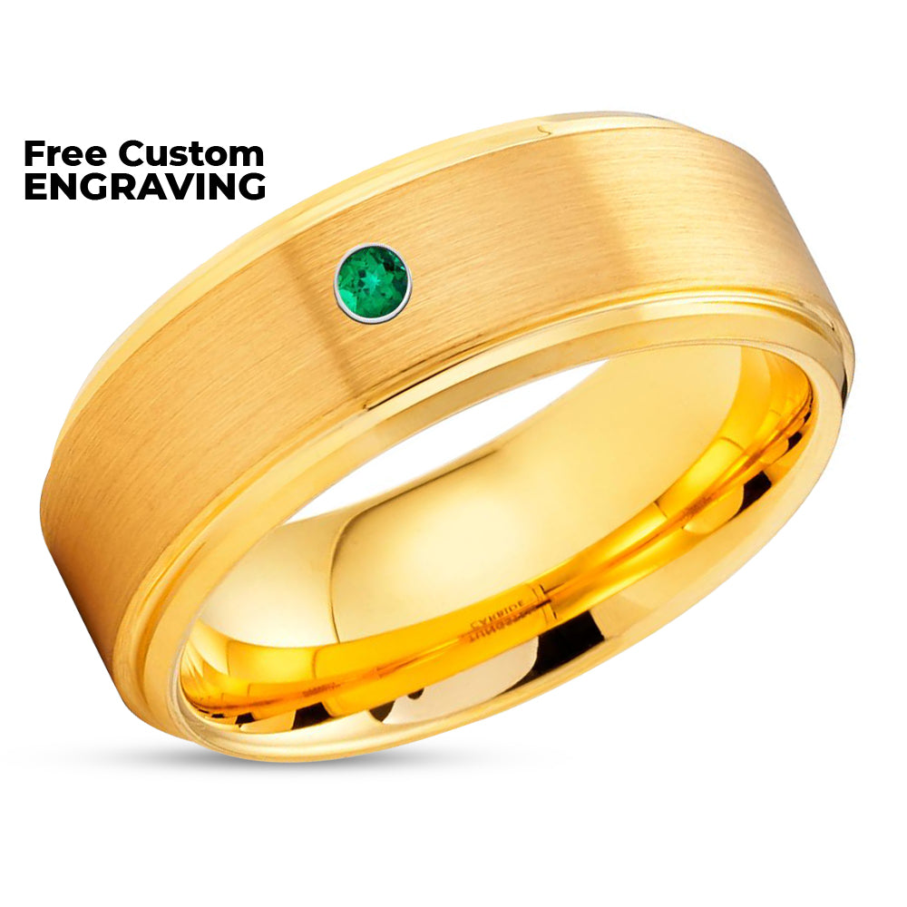 Yellow Gold Tungsten Ring - Emerald Wedding Ring - Tungsten Ring - Engagement Ring - Band