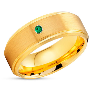 Yellow Gold Tungsten Ring - Emerald Wedding Ring - Tungsten Ring - Engagement Ring - Band