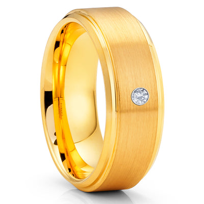8mm - Yellow Gold Tungsten Ring - White Diamond Tungsten Ring - Tungsten Carbide