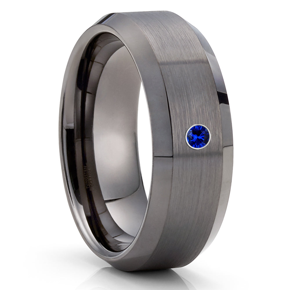 Blue Sapphire Tungsten Ring - Gray Tungsten Ring - Men's Tungsten Ring - 8mm - Clean Casting Jewelry