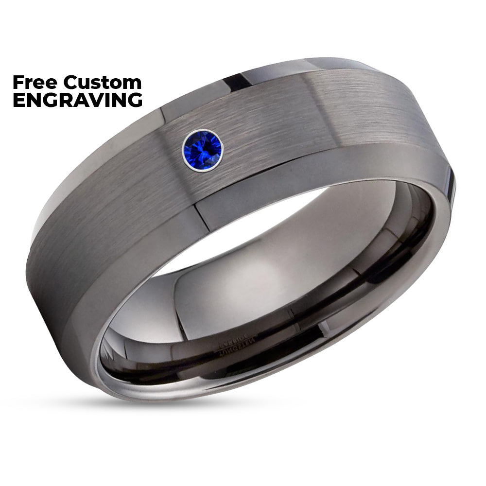 Gunmetal Wedding Ring - Blue Sapphire Ring - Gunmetal Wedding Band - Engagement Ring