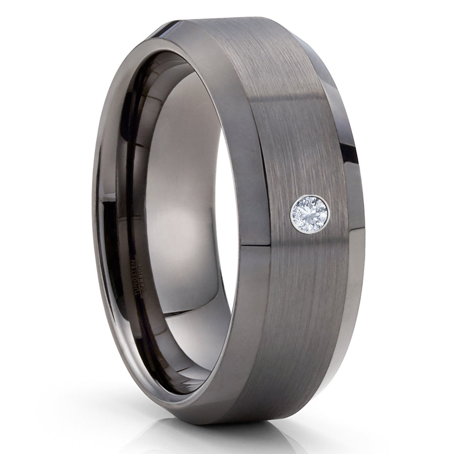 Gunmetal Tungsten Ring - White Diamond Ring - Gray Tungsten Band - 8mm - Clean Casting Jewelry 
