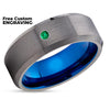 Gunmetal Tungsten Ring - Emerald Wedding Ring - Tungsten Wedding Band - Blue Ring