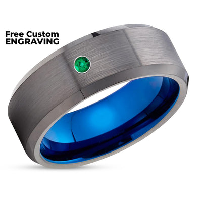 Gunmetal Tungsten Ring - Emerald Wedding Ring - Tungsten Wedding Band - Blue Ring