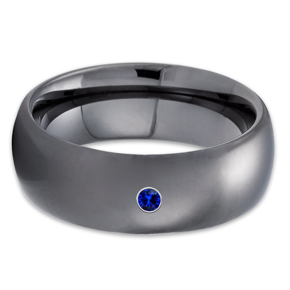 Blue Sapphire Tungsten Ring - Gunmetal Tungsten Ring - 8mm - Gray Tungsten - Clean Casting Jewelry