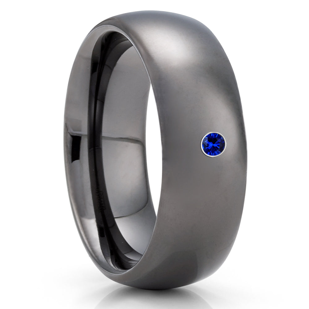 Blue Sapphire Tungsten Ring - Gunmetal Tungsten Ring - 8mm - Gray Tungsten - Clean Casting Jewelry