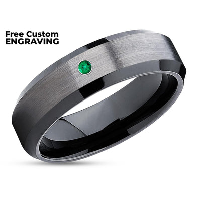 Tungsten Wedding Band - Emerald Ring - Black Tungsten Ring - Gunmetal Wedding Ring