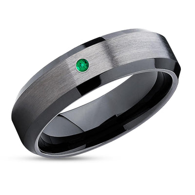 Tungsten Wedding Band - Emerald Ring - Black Tungsten Ring - Gunmetal Wedding Ring