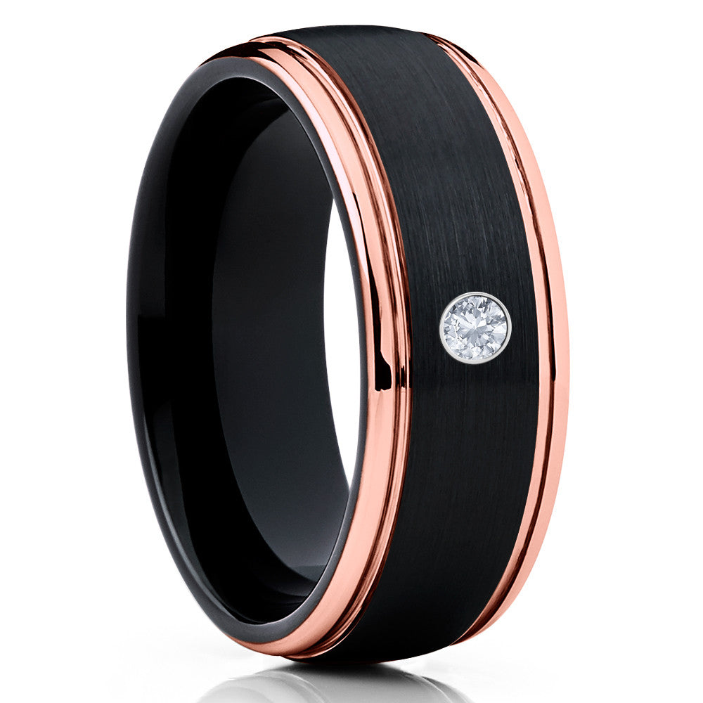 Rose Gold Wedding Ring - Black Wedding Band - White Diamond Ring - Rose Gold Wedding Band