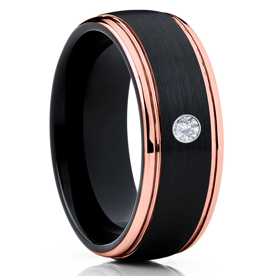 Rose Gold Wedding Ring - Black Wedding Band - White Diamond Ring - Rose Gold Wedding Band