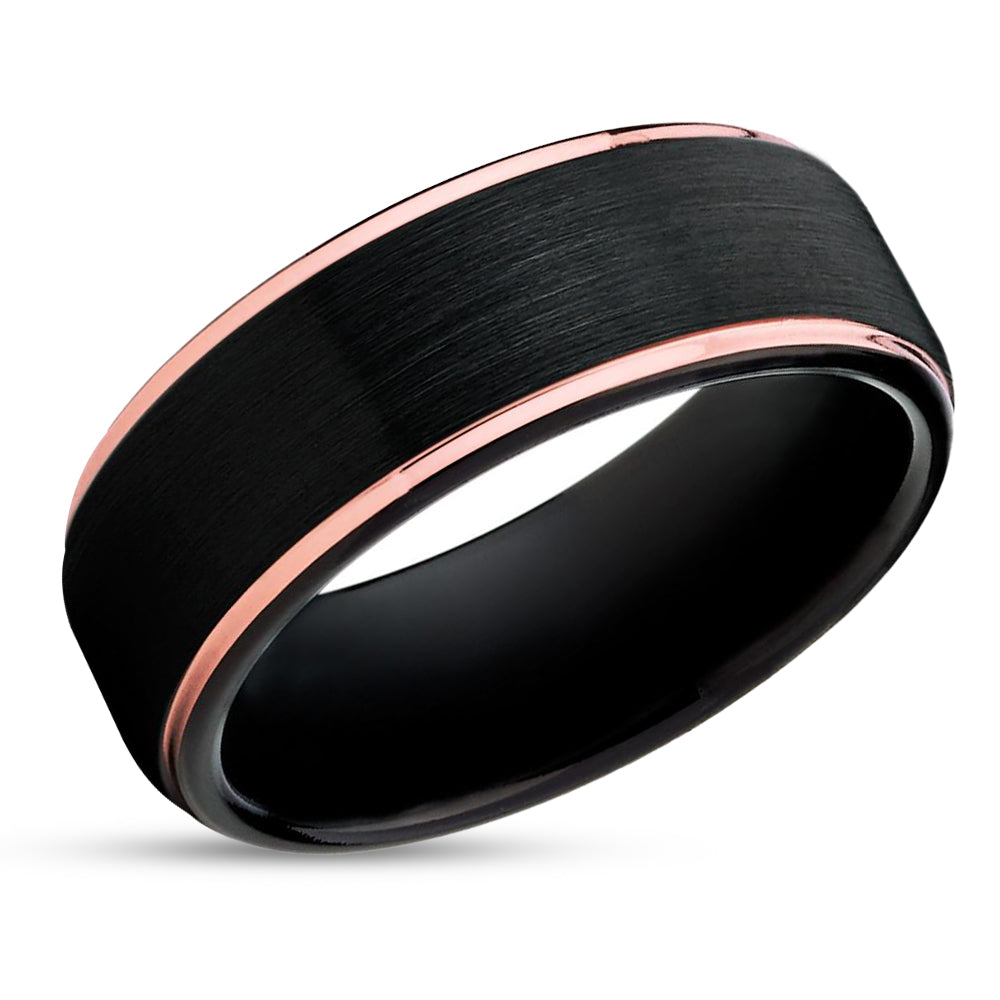 Rose Gold Tungsten Ring - Black Tungsten - Rose Gold Tungsten Band - Black Ring