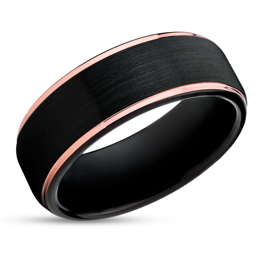 Rose Gold Tungsten Ring - Black Tungsten - Rose Gold Tungsten Band - Black Ring