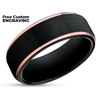 Rose Gold Tungsten Ring - Black Tungsten - Rose Gold Tungsten Band - Black Ring