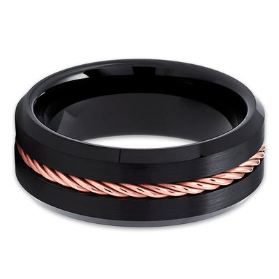Black Tungsten Ring - Rose Gold Braid - Black Tungsten Wedding Band - Brush - Clean Casting Jewelry