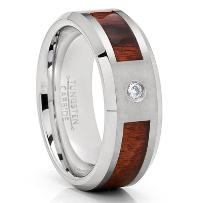 Koa Wood Wedding Band - Tungsten Ring - White Diamond Tungsten - Men's Ring - Clean Casting Jewelry