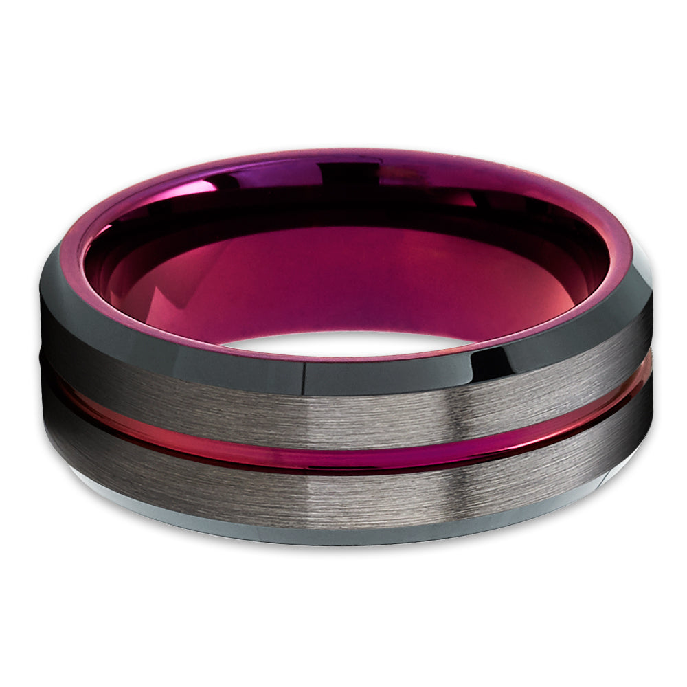 Purple Tungsten Ring - Purple Wedding Ring - Gunmetal Tungsten Ring - Brush - Clean Casting Jewelry