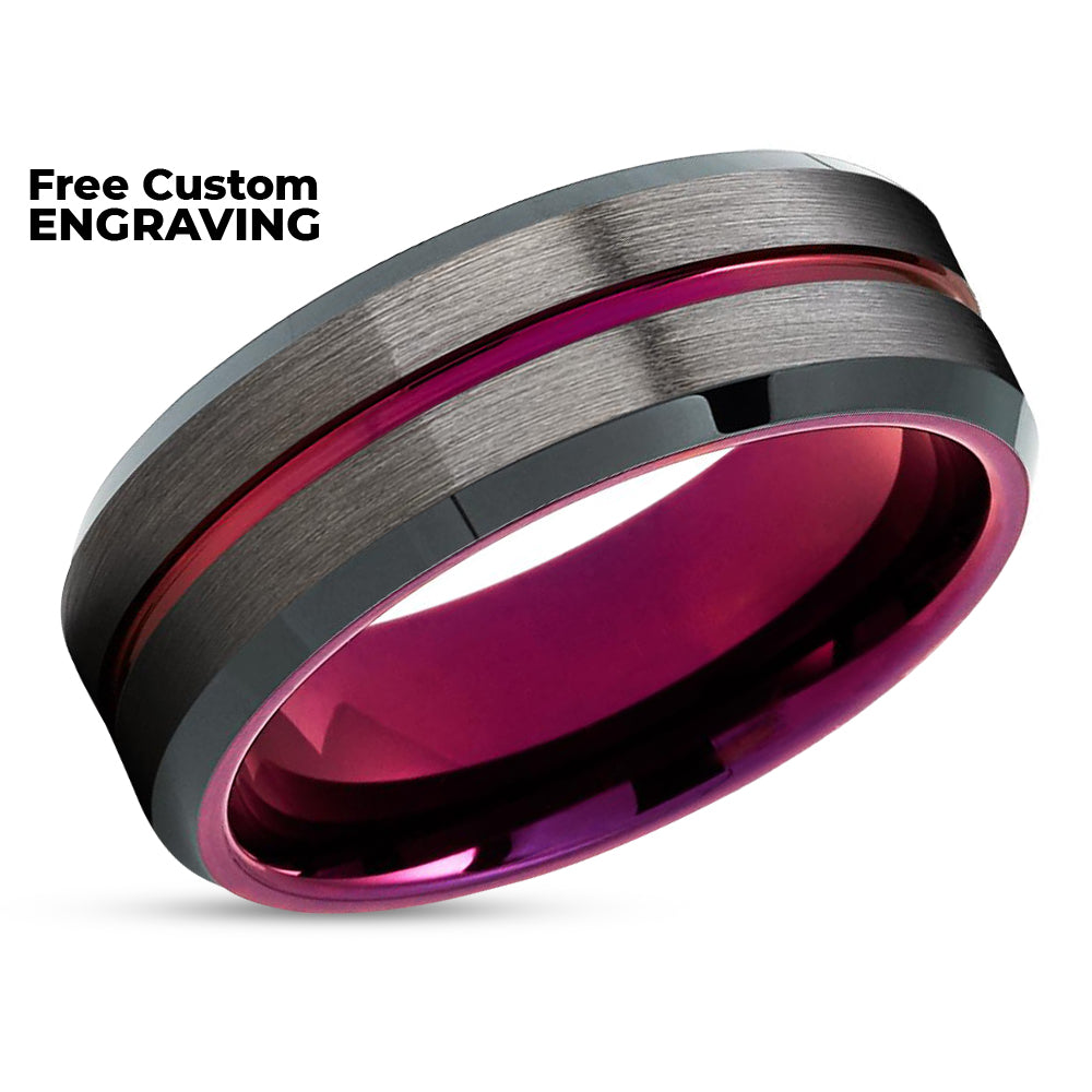 Purple Tungsten Ring - Purple Wedding Ring - Gunmetal Tungsten Ring - Brush
