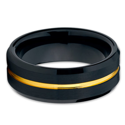 Black Wedding Band - Black Tungsten Ring - Yellow Gold Groove - 8mm - Men's - Clean Casting Jewelry