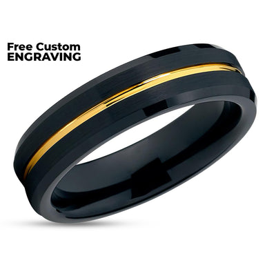 Yellow Gold Tungsten Ring - Black Tungsten Ring - Black Wedding Ring - Yellow Gold Ring