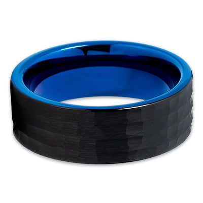 Blue Tungsten Wedding - Hammered - Black Tungsten Ring - Brush - 8mm - Clean Casting Jewelry