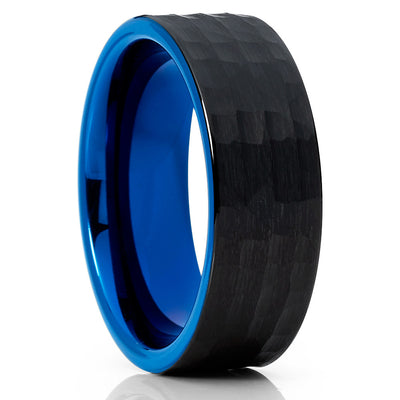 Blue Tungsten Wedding - Hammered - Black Tungsten Ring - Brush - 8mm - Clean Casting Jewelry