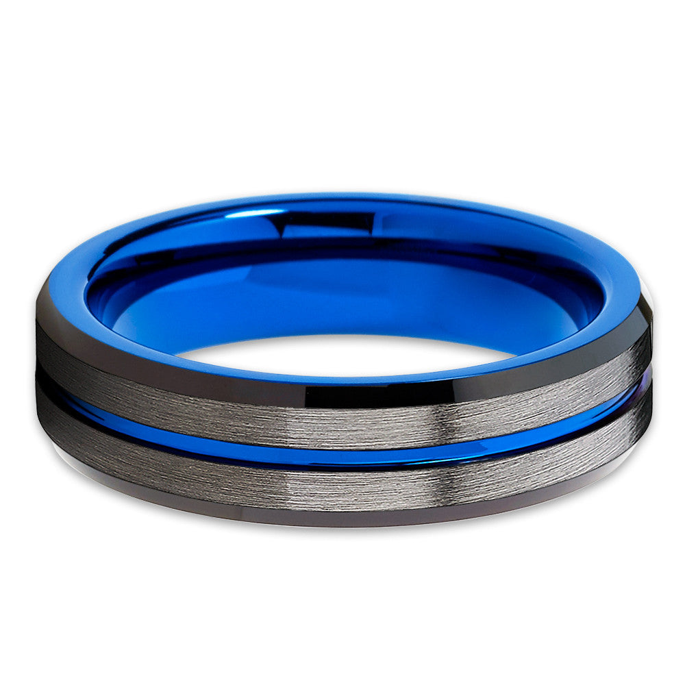 Blue Tungsten Ring - Gunmetal - Blue Tungsten Wedding Band - Brush - 6mm - Clean Casting Jewelry