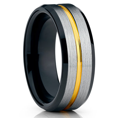 Black Tungsten Wedding Band - Yellow Gold Tungsten Ring - 8mm - Brush - Clean Casting Jewelry