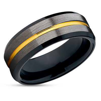 Yellow Gold Tungsten Ring - Black Tungsten Band - Gray Wedding Band - Gunmetal