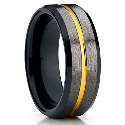 Yellow Gold Tungsten Ring - Black Tungsten Band - Gray Wedding Band - 8mm - Clean Casting Jewelry