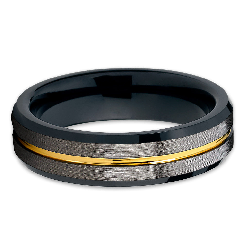 6mm - Yellow Gold Tungsten Ring - Gunmetal - Black Tungsten Ring - Clean Casting Jewelry