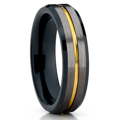 6mm - Yellow Gold Tungsten Ring - Gunmetal - Black Tungsten Ring - Clean Casting Jewelry
