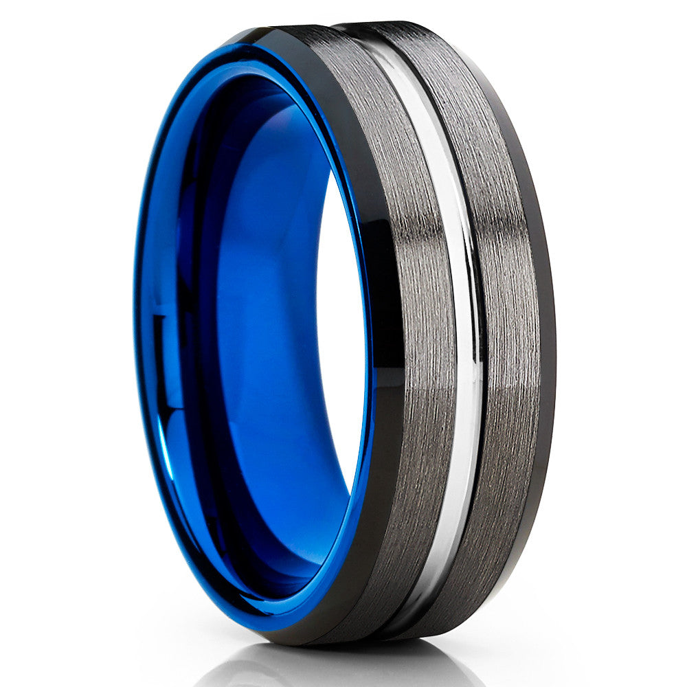 Blue Tungsten Ring - 8mm - Gunmetal Tungsten - Gray Tungsten Ring - Clean Casting Jewelry