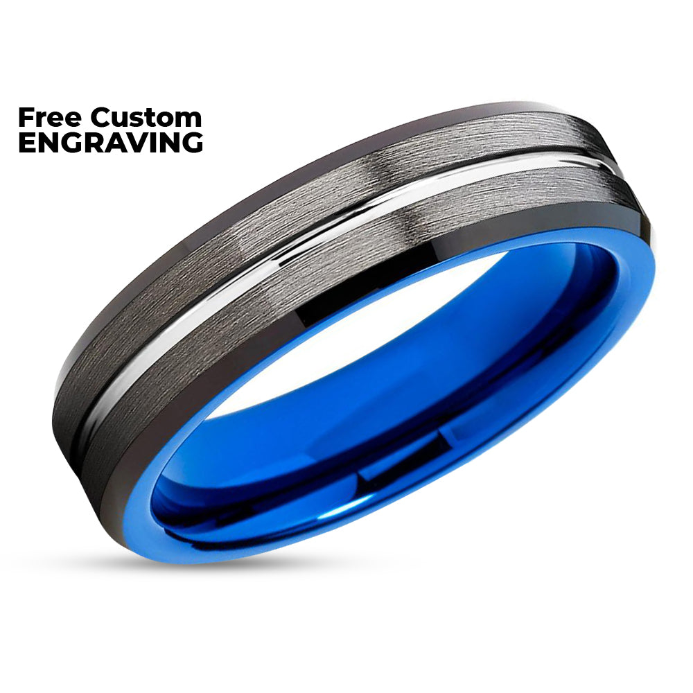 Gunmetal Wedding Band - Blue Wedding Ring - Tungsten Wedding Band - Silver Ring