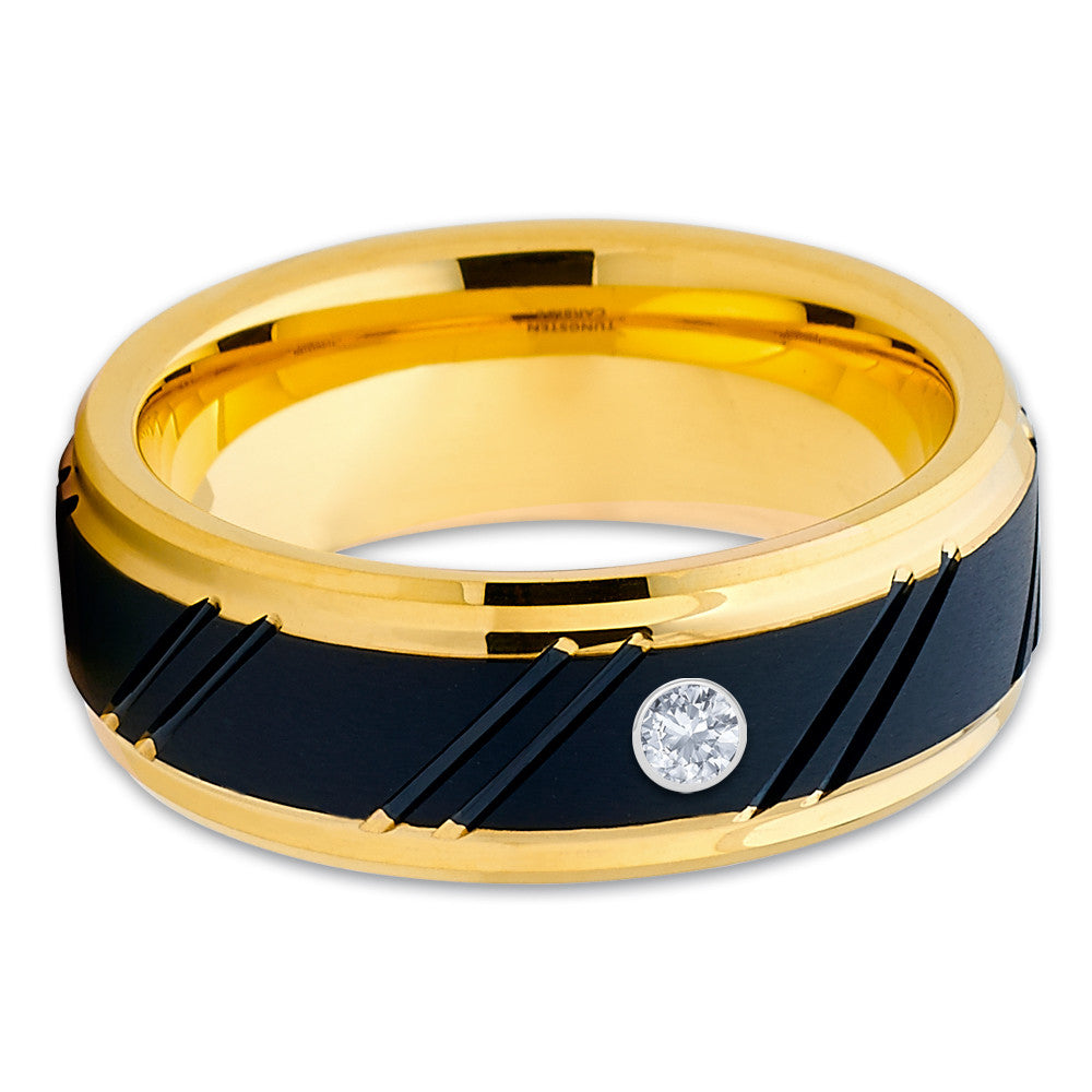 8mm - Yellow Gold Tungsten - White Diamond Ring - Men's Wedding Band - Clean Casting Jewelry