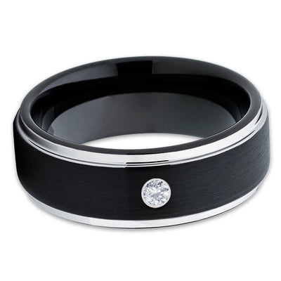 Black Tungsten Ring - White Diamond Ring - Black Tungsten Band - 8mm - Clean Casting Jewelry