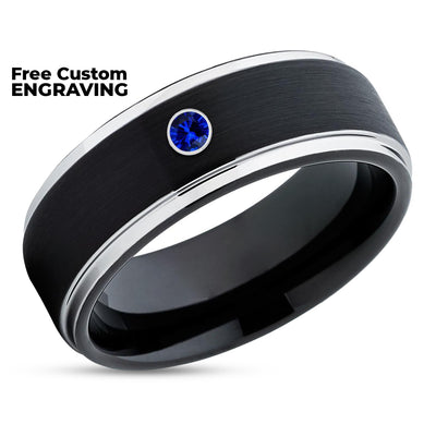 Black Tungsten Wedding Ring - Black Wedding Ring - Blue Sapphire Ring - Black Wedding Band