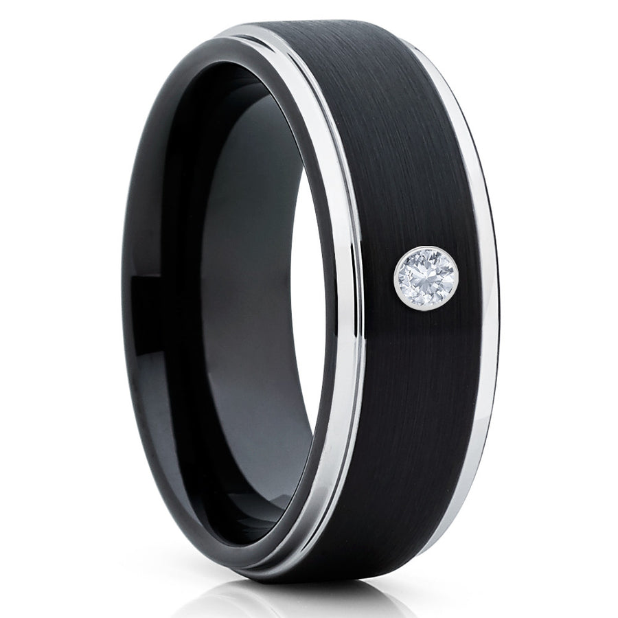 Black Tungsten Ring - White Diamond Ring - Black Tungsten Band - 8mm - Clean Casting Jewelry 